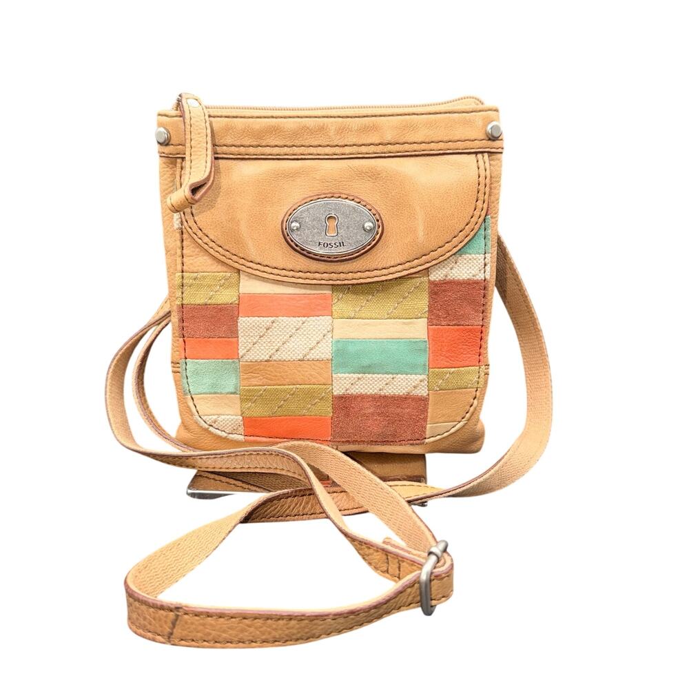 Fossil Patchwork Leather Crossbody Bag Keyhole Boho Y2K Festival Purse